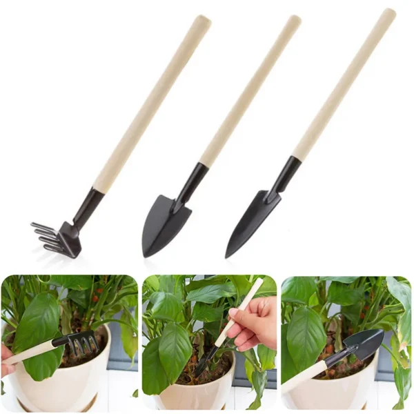 Gardening Kit - 3pcs Mini Shovel Rake Set, Wooden Handle - Image 2